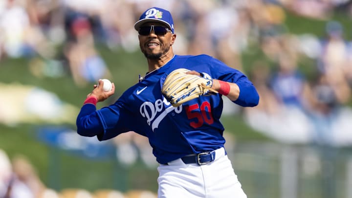 Mar 1, 2026; Phoenix, Arizona, USA; Los Angeles Dodgers shortstop Mookie Betts against the Los Angeles Angels during a spring training game at Camelback Ranch-Glendale. Mandatory Credit: Mark J. Rebilas-Imagn Images Mar 1, 2026; Phoenix, Arizona, USA; Los Angeles Dodgers shortstop Mookie Betts against the Los Angeles Angels during a spring training game at Camelback Ranch-Glendale. Mandatory Credit: Mark J. Rebilas-Imagn Images