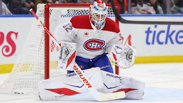 Jan 15, 2026; Buffalo, New York, USA;  Montréal Canadiens goaltender Jacob Fowler (32) looks to make a save during the second period against the Buffalo Sabres at KeyBank Center. Mandatory Credit: Timothy T. Ludwig-Imagn Images