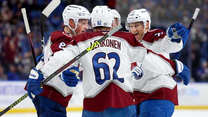 Dec 3, 2024; Buffalo, New York, USA;  Colorado Avalanche left wing Artturi Lehkonen (62) celebrates his goal with teammates during the third period against the Buffalo Sabres at KeyBank Center. Mandatory Credit: Timothy T. Ludwig-Imagn Images