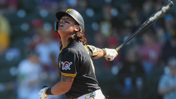 Mar 7, 2025; Bradenton, Florida, USA; Pittsburgh Pirates outfielder Ji Hwan Bae (3) singles against the Philadelphia Phillies in the fifth inning during spring training at LECOM Park. Mandatory Credit: Nathan Ray Seebeck-Imagn Images