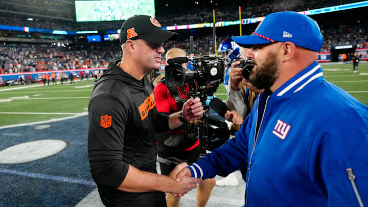 Cincinnati Bengals Head Coach Zac Taylor and Giants Head Coach Brian Daboll shake hands after the game, Sunday, October 13, 2024, in East Rutherford.