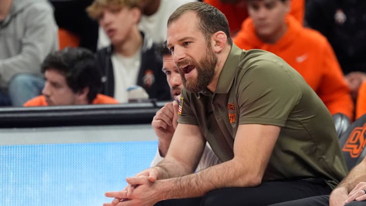 Oklahoma State head wrestling coach David Taylor coaches during the college wrestling dual between Oklahoma State and Air Force at Gallagher-Iba Arena in Stillwater, Okla., Friday, Jan., 3, 2025. Oklahoma State head wrestling coach David Taylor coaches during the college wrestling dual between Oklahoma State and Air Force at Gallagher-Iba Arena in Stillwater, Okla., Friday, Jan., 3, 2025.