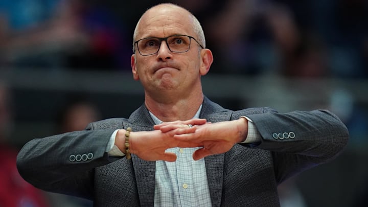 Nov 23, 2025; Hartford, Connecticut, USA; UConn Huskies head coach Dan Hurley watches from the sideline as they take on the Bryant Bulldogs at Peoples Bank Arena. Mandatory Credit: David Butler II-Imagn Images