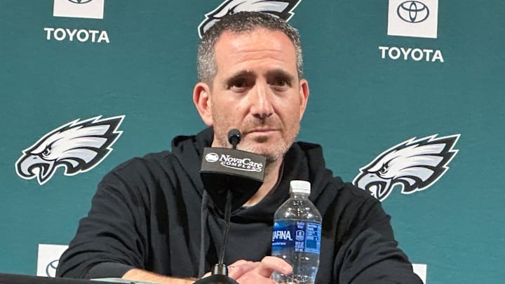 Eagles GM Howie Roseman speaks to reporters at the NovaCare Complex on April 15, 2025. Eagles GM Howie Roseman speaks to reporters at the NovaCare Complex on April 15, 2025.