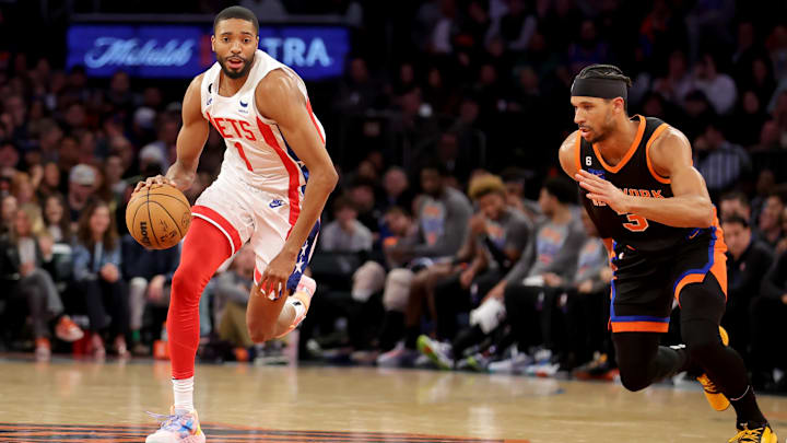 Mar 1, 2023; New York, New York, USA; Brooklyn Nets forward Mikal Bridges (1) brings the ball up