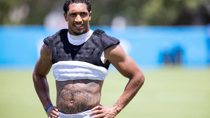 Jul 26, 2025; Charlotte, NC, USA; Carolina Panthers running back Chuba Hubbard (30) walks off after practice at training camp.
