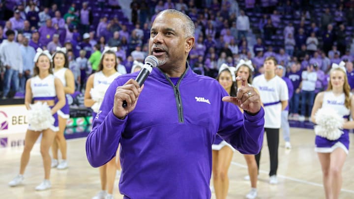 Mar 9, 2024; Manhattan, Kansas, USA; Kansas State Wildcats head coach Jerome Tang talks to the crowd after a win against the Iowa State Cyclones at Bramlage Coliseum. Mandatory Credit: Scott Sewell-Imagn Images