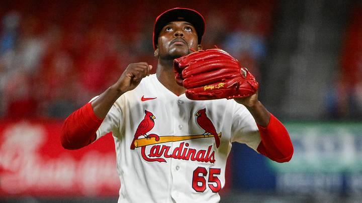 May 19, 2026; St. Louis, Missouri, USA; St. Louis Cardinals pitcher George Soriano (65) reacts after gettin gate third out of the tenth inning against the Pittsburgh Pirates at Busch Stadium. Mandatory Credit: Jeff Curry-Imagn Images