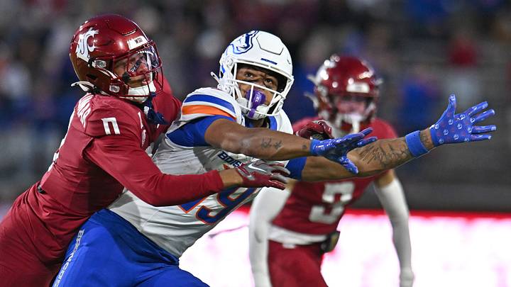 Washington State Cougars cornerback CJ Solis-Lumar (0) is called for pass interference on his coverage of Boise State Broncos wide receiver Rasean Jones (19) during the second half at Gesa Field at Martin Stadium. Boise State Broncos won, 31-10. Washington State Cougars cornerback CJ Solis-Lumar (0) is called for pass interference on his coverage of Boise State Broncos wide receiver Rasean Jones (19) during the second half at Gesa Field at Martin Stadium. Boise State Broncos won, 31-10.