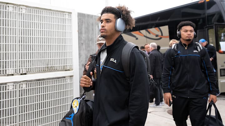 Oct 14, 2023; Corvallis, Oregon, USA; UCLA Bruins quarterback Dante Moore (3) arrives prior to the game against the Oregon State Beavers at Reser Stadium. Mandatory Credit: Soobum Im-Imagn Images