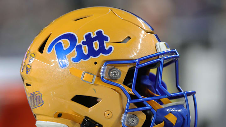 Nov 9, 2024; Pittsburgh, Pennsylvania, USA;  A Pittsburgh Panthers helmet on the sidelines against the Virginia Cavaliers during the first quarter at Acrisure Stadium. Mandatory Credit: Charles LeClaire-Imagn Images