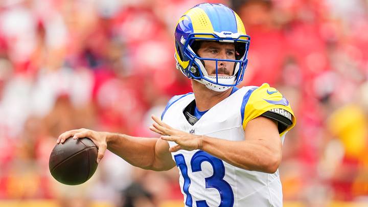 Aug 15, 2026; Kansas City, Missouri, USA; Los Angeles Rams quarterback Stetson Bennett IV (13) throws a pass during the first half against the Kansas City Chiefs at Arrowhead Stadium. Mandatory Credit: Jay Biggerstaff-Imagn Images