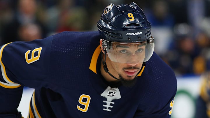 Feb 17, 2018; Buffalo, NY, USA; Buffalo Sabres left wing Evander Kane (9) waits for a faceoff during the second period against the Los Angeles Kings at KeyBank Center. Mandatory Credit: Kevin Hoffman-Imagn Images