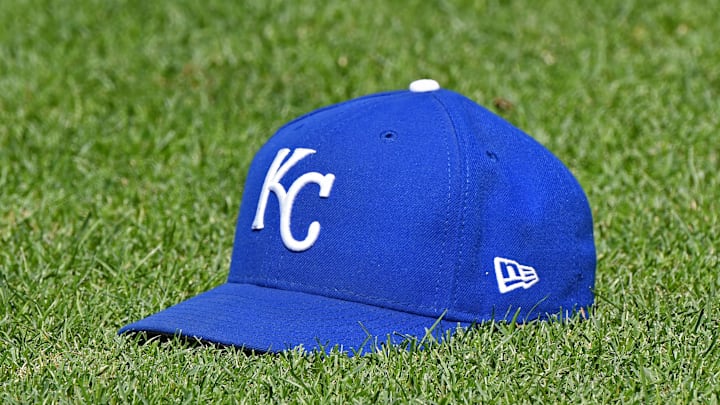Jul 7, 2018; Kansas City, MO, USA; A genera view of a Kansas City Royals cap on the field, prior to a game against the Boston Red Sox at Kauffman Stadium. Mandatory Credit: Peter G. Aiken/Imagn Images