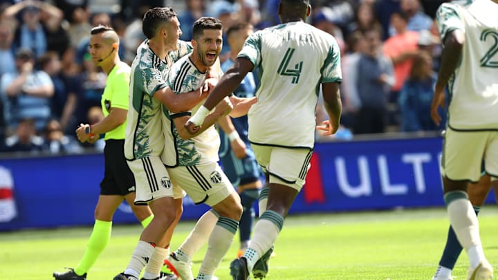 Apr 7, 2024; Kansas City, Kansas, USA; Portland Timbers defender Eric Miller (15) celebrates with