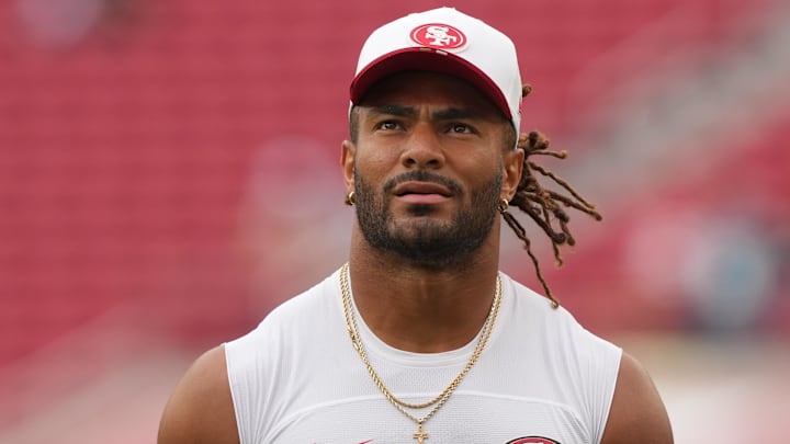 San Francisco 49ers middle linebacker Fred Warner (54) before the game against the Jacksonville Jaguars at Levi's Stadium. San Francisco 49ers middle linebacker Fred Warner (54) before the game against the Jacksonville Jaguars at Levi's Stadium.