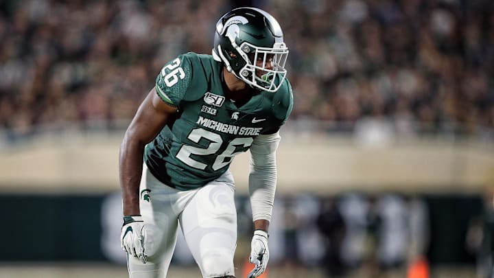 Aug 30, 2019; East Lansing, MI, USA; Michigan State Spartans linebacker Brandon Bouyer-Randle (26) prepares for the snap of the ball during the second half of a game against the Tulsa Golden Hurricane at Spartan Stadium. Mandatory Credit: Mike Carter-Imagn Images