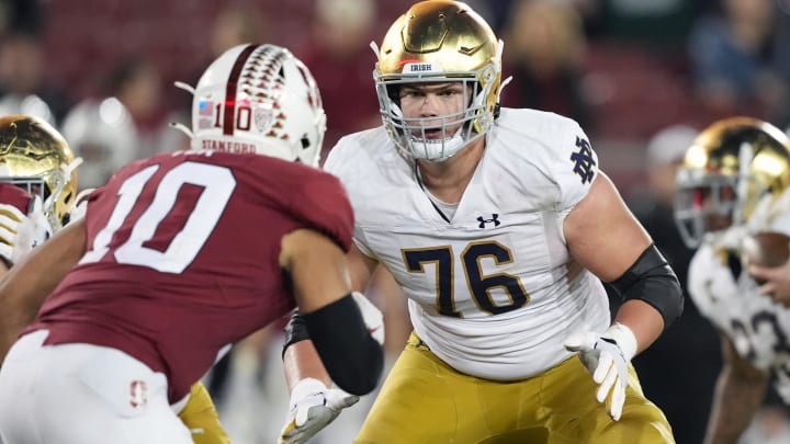 Nov 27, 2021; Stanford, California, USA; Notre Dame Fighting Irish offensive lineman Joe Alt (76)