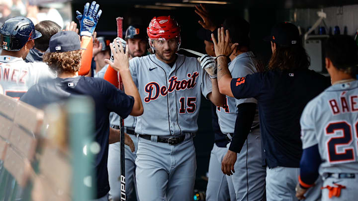  Detroit Tigers center fielder Jake Marisnick (15) celebrates in the dugout. 