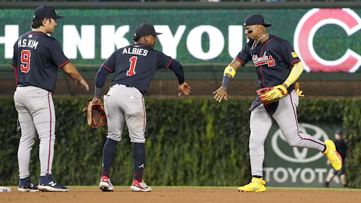 Sep 3, 2025; Chicago, Illinois, USA; The Atlanta Braves celebrate their win against the Chicago Cubs at Wrigley Field. Mandatory Credit: David Banks-Imagn Images