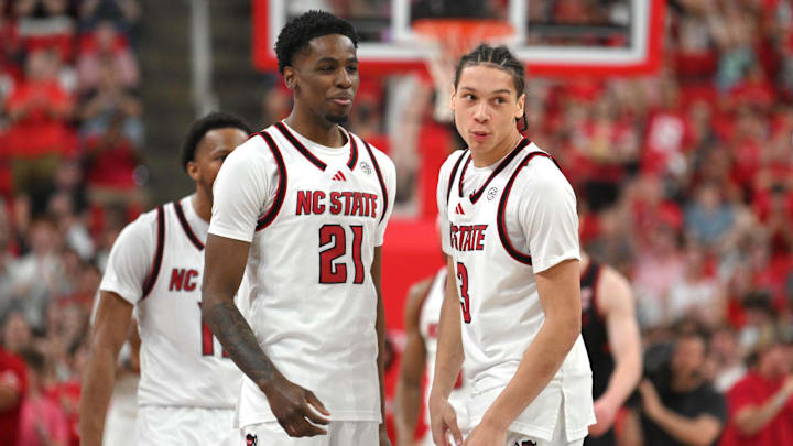 Mar 7, 2026; Raleigh, North Carolina, USA;  NC State Wolfpack guard Matt Able (3) reacts after scoring against the Stanford Cardinal during the second half  at Lenovo Center. Mandatory Credit: Zachary Taft-Imagn Images