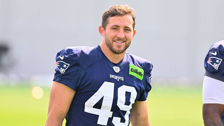 Jul 28, 2026; Foxborough, MA, USA; New England Patriots linebacker Chad Muma (49) walks to practice for training camp at Gillette Stadium. Mandatory Credit: Eric Canha-Imagn Images Jul 28, 2026; Foxborough, MA, USA; New England Patriots linebacker Chad Muma (49) walks to practice for training camp at Gillette Stadium. Mandatory Credit: Eric Canha-Imagn Images