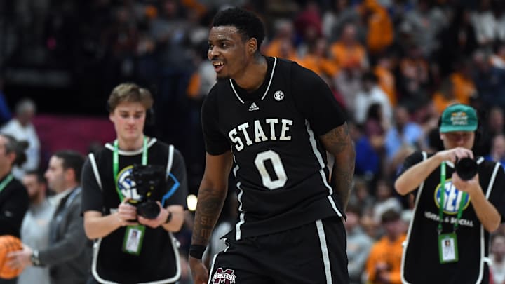 Mar 15, 2024; Nashville, TN, USA; Mississippi State Bulldogs forward D.J. Jeffries (0) celebrates