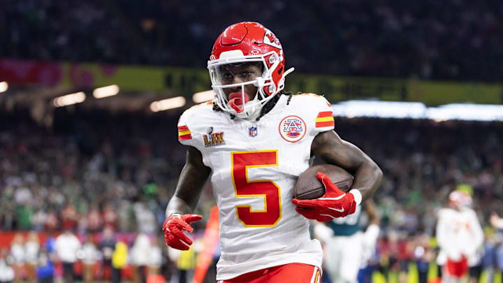 Feb 9, 2025; New Orleans, LA, USA;  Kansas City Chiefs wide receiver Marquise Brown (5) against the Philadelphia Eagles in Super Bowl LIX at Ceasars Superdome. Mandatory Credit: Mark J. Rebilas-Imagn Images