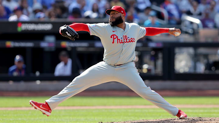 Apr 23, 2025; New York City, New York, USA; Philadelphia Phillies relief pitcher Jose Alvarado (46) pitches against the New York Mets during the eighth inning at Citi Field. Mandatory Credit: Brad Penner-Imagn Images