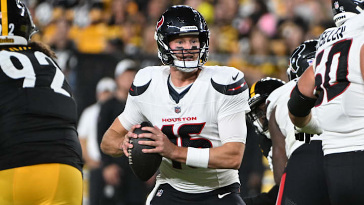 Aug 9, 2024; Pittsburgh, Pennsylvania, USA;  Houston Texans quarterback Tim Boyle looks to pass against the Pittsburgh Steelers during the third quarter at Acrisure Stadium.