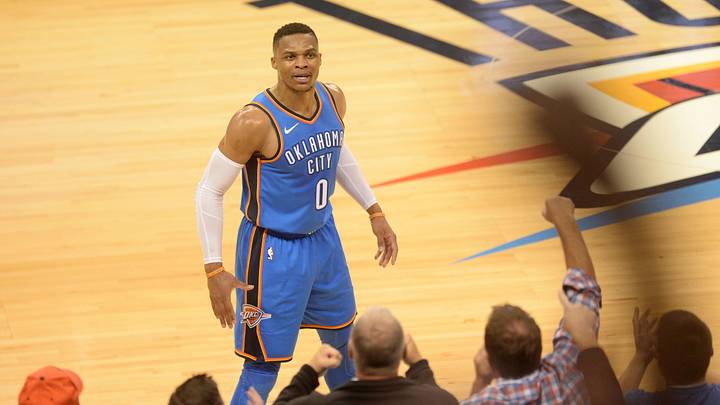 Nov 22, 2017; Oklahoma City, OK, USA; Oklahoma City Thunder guard Russell Westbrook (0) reacts towards fans against the Golden State Warriors during the third quarter at Chesapeake Energy Arena. Mandatory Credit: Mark D. Smith-USA TODAY Sports Nov 22, 2017; Oklahoma City, OK, USA; Oklahoma City Thunder guard Russell Westbrook (0) reacts towards fans against the Golden State Warriors during the third quarter at Chesapeake Energy Arena. Mandatory Credit: Mark D. Smith-USA TODAY Sports