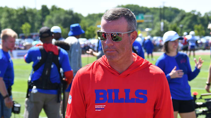 Jul 23, 2025; Rochester, NY, USA; Buffalo Bills general manager Brandon Beane on the field during training camp at St. John Fisher University. Mandatory Credit: Mark Konezny-Imagn Images