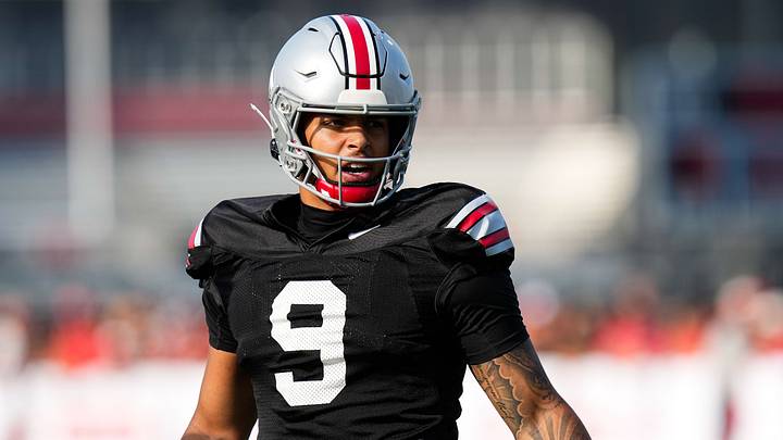 Ohio State Buckeyes quarterback Tavien St. Clair (9) participates in the third day of training camp at the Woody Hayes Athletic Center on Aug. 8, 2026 in Columbus, Ohio. Ohio State Buckeyes quarterback Tavien St. Clair (9) participates in the third day of training camp at the Woody Hayes Athletic Center on Aug. 8, 2026 in Columbus, Ohio.