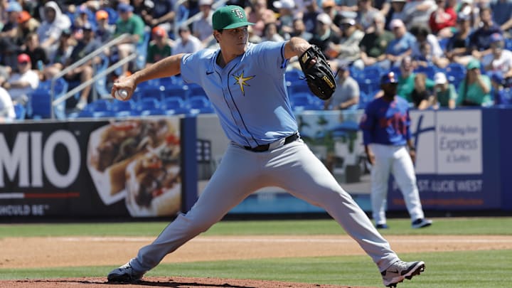 Mar 17, 2025; Port St. Lucie, Florida, USA;  Tampa Bay Rays pitcher Mike Vasil (70) throws a pitch during the first inning against the New York Mets at Clover Park. Mandatory Credit: Reinhold Matay-Imagn Images