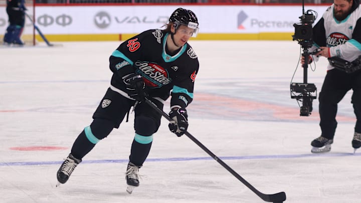 Div. Kharlamova Hockey Club player, Maxim Shabanov (49) seen...