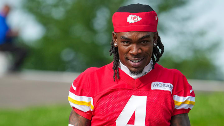 Jul 22, 2025; St. Joseph, MO, USA; Kansas City Chiefs wide receiver Rashee Rice (4) walks down the hill to the fields prior to training camp at Missouri Western State University. Mandatory Credit: Denny Medley-Imagn Images Jul 22, 2025; St. Joseph, MO, USA; Kansas City Chiefs wide receiver Rashee Rice (4) walks down the hill to the fields prior to training camp at Missouri Western State University. Mandatory Credit: Denny Medley-Imagn Images