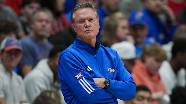 Nov 15, 2025; Lawrence, Kansas, USA; Kansas Jayhawks head coach Bill Self reacts during the first half against the Princeton Tigers at Allen Fieldhouse. Mandatory Credit: Jay Biggerstaff-Imagn Images