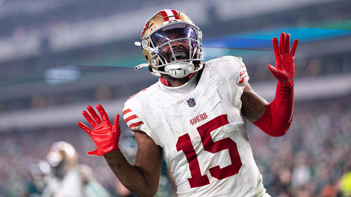 Dec 3, 2023; Philadelphia, Pennsylvania, USA; San Francisco 49ers wide receiver Jauan Jennings (15) reacts after scoring a touchdown against the Philadelphia Eagles during the fourth quarter at Lincoln Financial Field. Mandatory Credit: Bill Streicher-Imagn Images Dec 3, 2023; Philadelphia, Pennsylvania, USA; San Francisco 49ers wide receiver Jauan Jennings (15) reacts after scoring a touchdown against the Philadelphia Eagles during the fourth quarter at Lincoln Financial Field. Mandatory Credit: Bill Streicher-Imagn Images