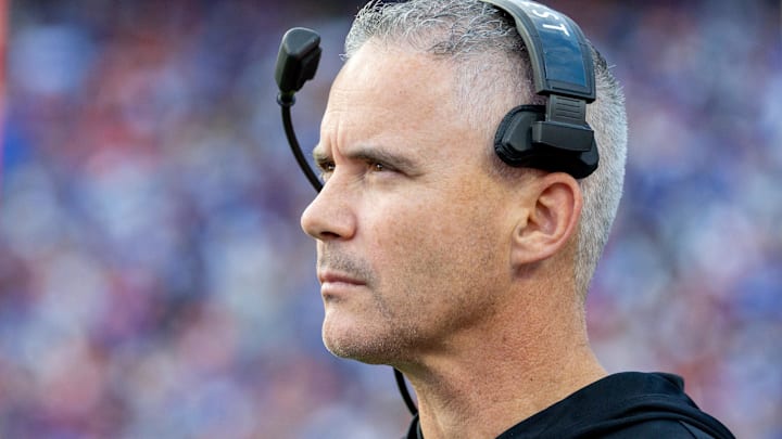 Nov 29, 2025; Gainesville, Florida, USA; Florida State Seminoles head coach Mike Norvell walks the sidelines during the first quarter against the Florida Gators at Ben Hill Griffin Stadium. Mandatory Credit: Bob Kupbens-Imagn Images