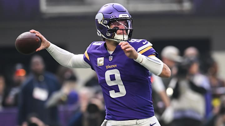 Nov 9, 2025; Minneapolis, Minnesota, USA; Minnesota Vikings quarterback J.J. McCarthy (9) throws a pass against the Baltimore Ravens during the first quarter at U.S. Bank Stadium. Mandatory Credit: Jeffrey Becker-Imagn Images