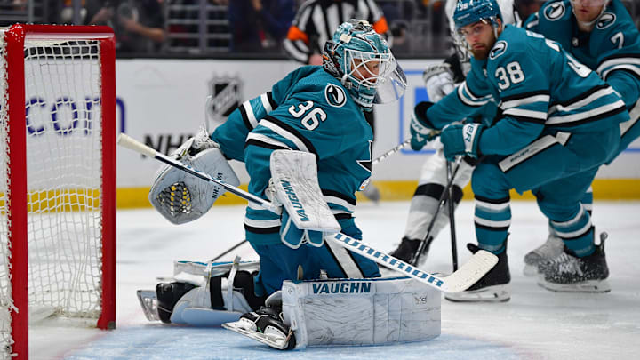 Jan 22, 2024; Los Angeles, California, USA; San Jose Sharks goaltender Kaapo Kahkonen (36) defends