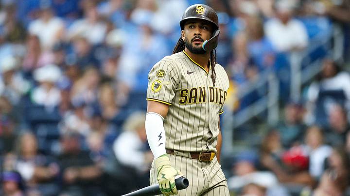 Aug 29, 2026; St. Petersburg, Florida, USA; San Diego Padres right fielder Fernando Tatis Jr. (23) reacts after striking out against the Tampa Bay Rays in the first inning  at Tropicana Field. Mandatory Credit: Nathan Ray Seebeck-Imagn Images