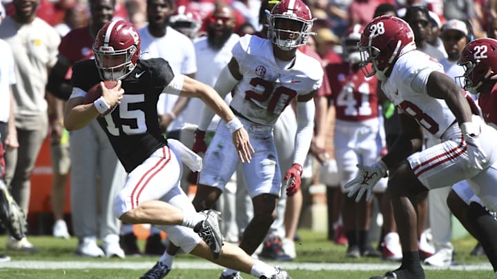 Apr 22, 2023; Tuscaloosa, AL, USA;  Crimson team quarterback Ty Simpson (15) scrambles for a first