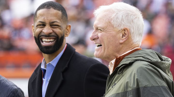 Nov 27, 2022; Cleveland, Ohio, USA; Cleveland Browns managing and principal partner Jimmy Haslam (right) laughs with executive vice president of football operations Andrew Berry before the game against the Tampa Bay Buccaneers at FirstEnergy Stadium. Mandatory Credit: Scott Galvin-Imagn Images
