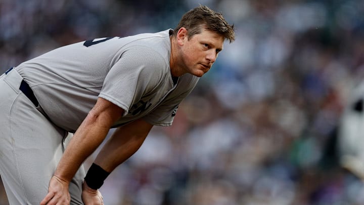 May 25, 2025; Denver, Colorado, USA; New York Yankees second baseman DJ LeMahieu (26) at the end of the fourth inning against the Colorado Rockies at Coors Field. Mandatory Credit: Isaiah J. Downing-Imagn Images