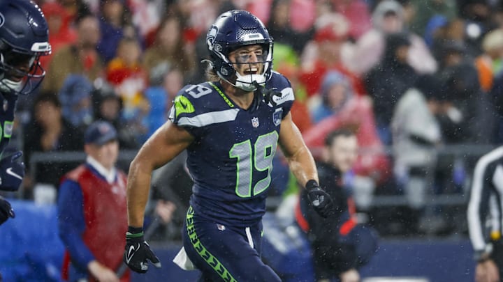 Aug 15, 2025; Seattle, Washington, USA; Seattle Seahawks wide receiver Jake Bobo (19) celebrates following his second touchdown catch against the Kansas City Chiefs during the second quarter at Lumen Field.