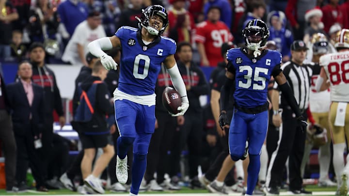 Dec 22, 2025; Indianapolis, Indiana, USA; Indianapolis Colts safety Cam Bynum (0) celebrates an interception against the San Francisco 49ers in the fourth quarter of the game at Lucas Oil Stadium. 
