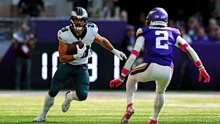 Oct 19, 2025; Minneapolis, Minnesota, USA; Philadelphia Eagles running back Will Shipley (28) runs the ball against Minnesota Vikings cornerback Isaiah Rodgers (2) during the second half at U.S. Bank Stadium. Oct 19, 2025; Minneapolis, Minnesota, USA; Philadelphia Eagles running back Will Shipley (28) runs the ball against Minnesota Vikings cornerback Isaiah Rodgers (2) during the second half at U.S. Bank Stadium.