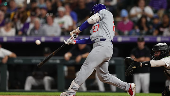 Sep 13, 2024; Denver, Colorado, USA; Chicago Cubs designated hitter Seiya Suzuki (27) hits a single in the fifth inning against the Colorado Rockies at Coors Field. Mandatory Credit: Isaiah J. Downing-Imagn Images Sep 13, 2024; Denver, Colorado, USA; Chicago Cubs designated hitter Seiya Suzuki (27) hits a single in the fifth inning against the Colorado Rockies at Coors Field. Mandatory Credit: Isaiah J. Downing-Imagn Images