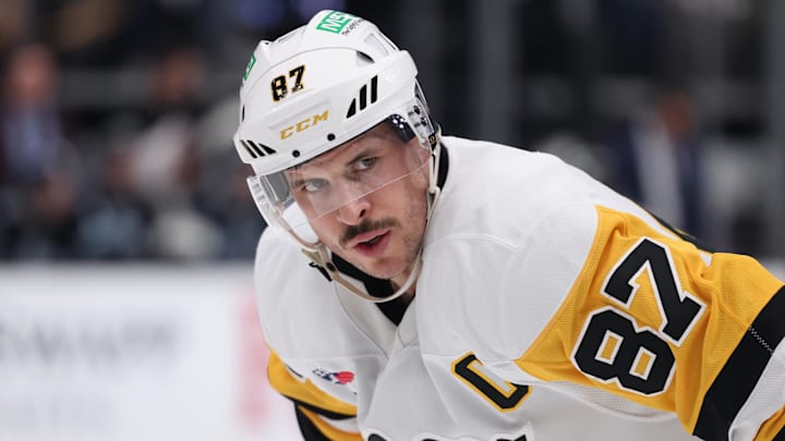 Jan 29, 2025; Salt Lake City, Utah, USA; Pittsburgh Penguins center Sidney Crosby (87) waits for a faceoff against the Utah Hockey Club during the third period at Delta Center. Mandatory Credit: Rob Gray-Imagn Images